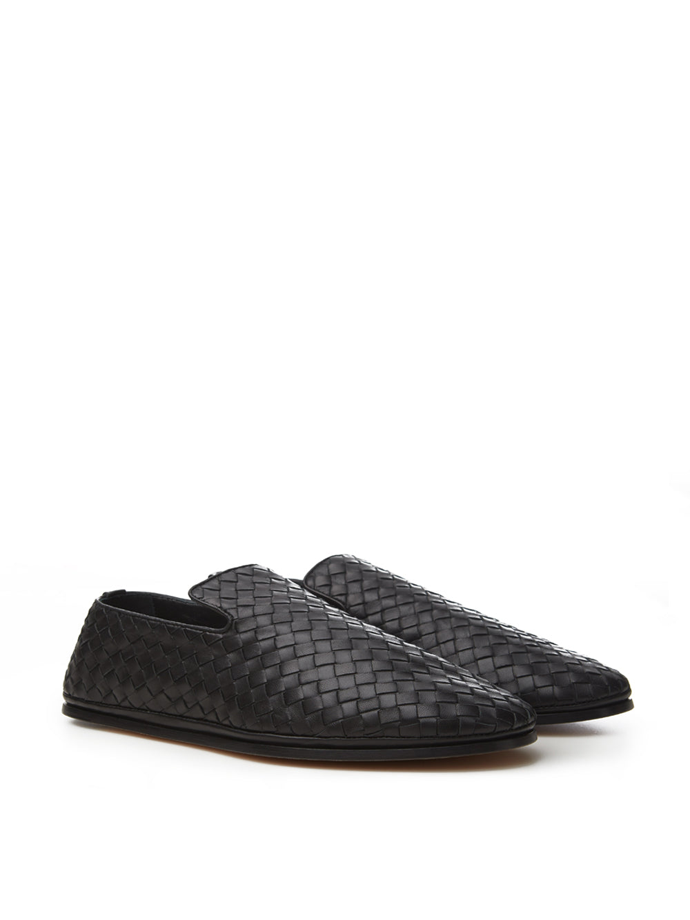 Bottega Veneta Elegant Black Leather Intreccio Slip-Ons