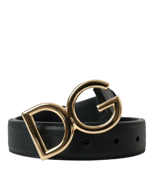 Dolce & Gabbana Black Calf Leather Gold DG Logo Buckle Belt