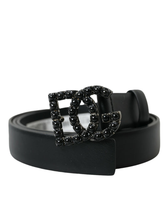 Dolce & Gabbana Black Calf Leather DG Crystal Buckle Belt