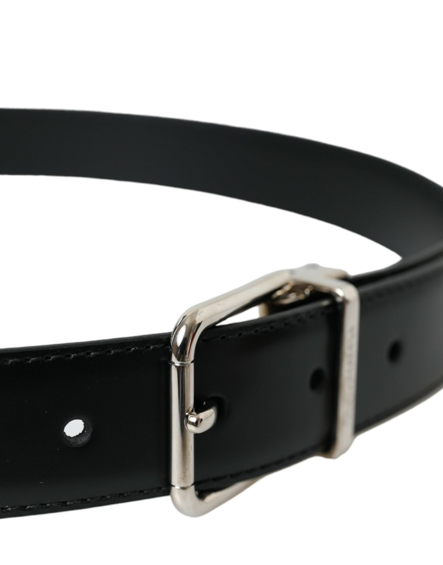 Dolce & Gabbana Black Calf Leather Silver Metal Buckle Belt