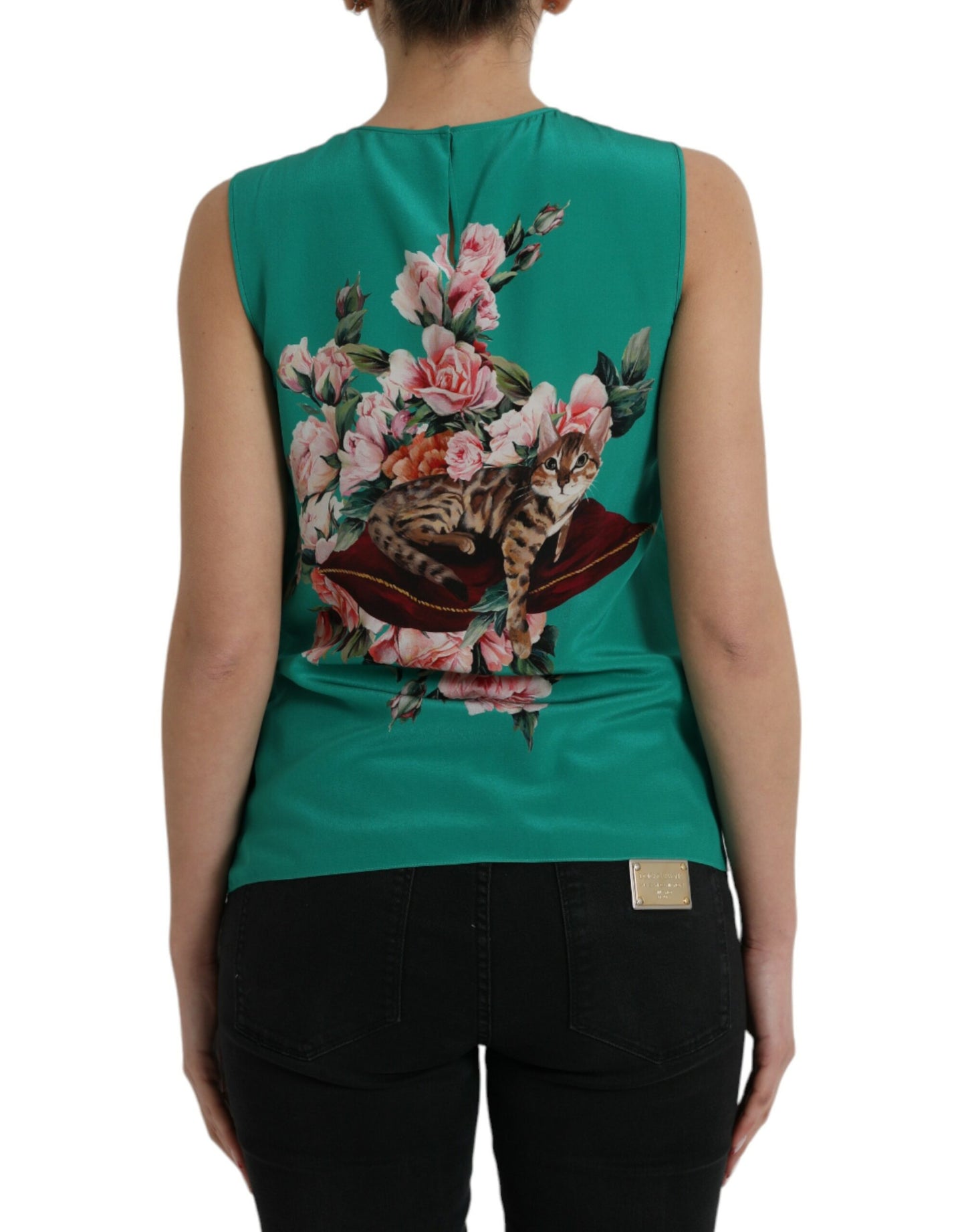 Dolce & Gabbana Green Floral Cat Silk Round Neck Tank Top