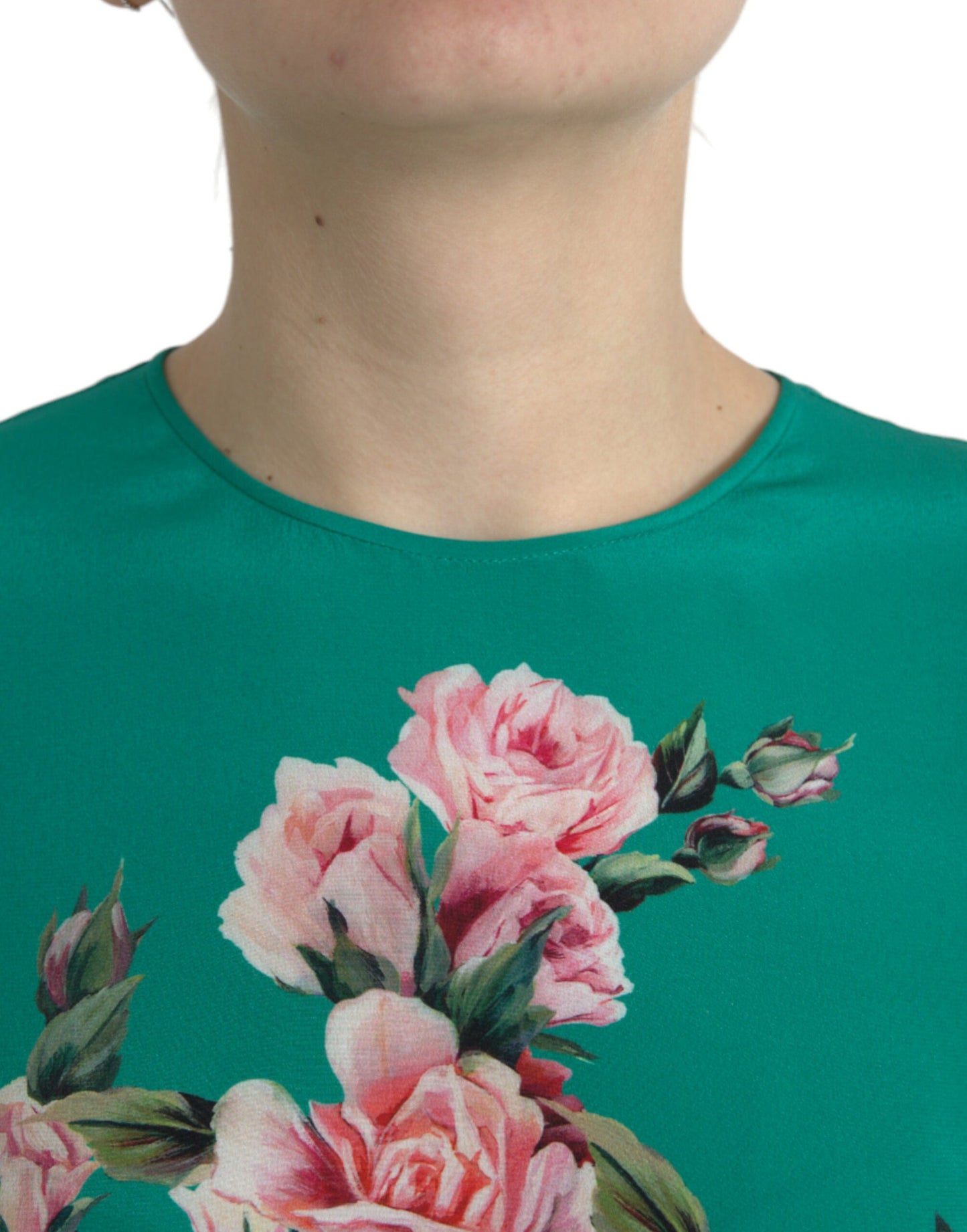 Dolce & Gabbana Green Floral Cat Silk Round Neck Tank Top