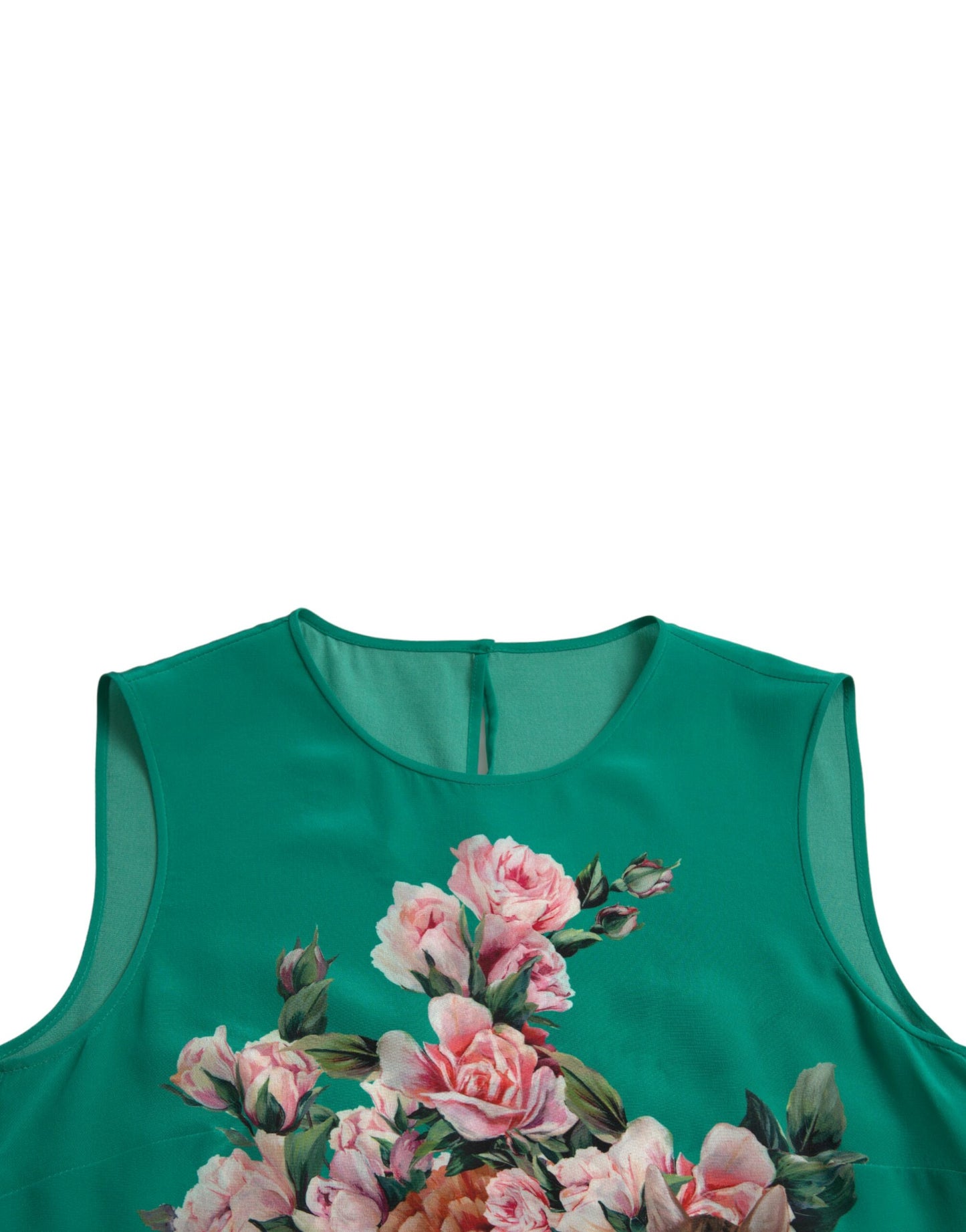 Dolce & Gabbana Green Floral Cat Silk Round Neck Tank Top