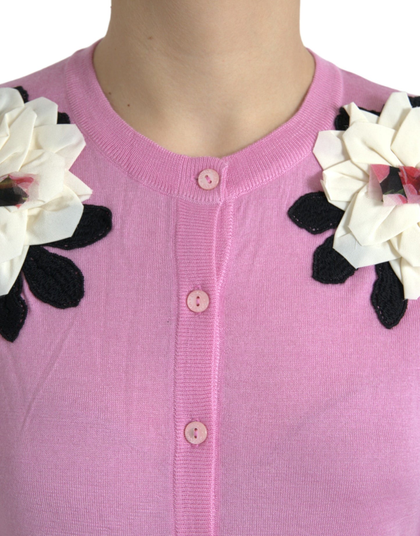 Dolce & Gabbana Pink Floral Crew Neck Button Cardigan Sweater