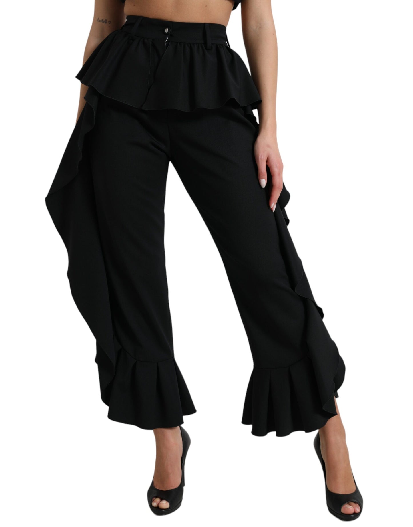 Dolce & Gabbana Black Wool Ruffle High Waist Wide Leg Pants