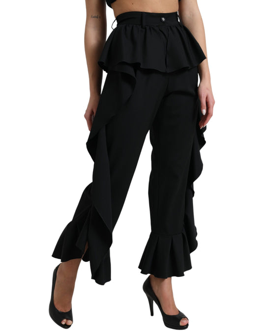 Dolce & Gabbana Black Wool Ruffle High Waist Wide Leg Pants