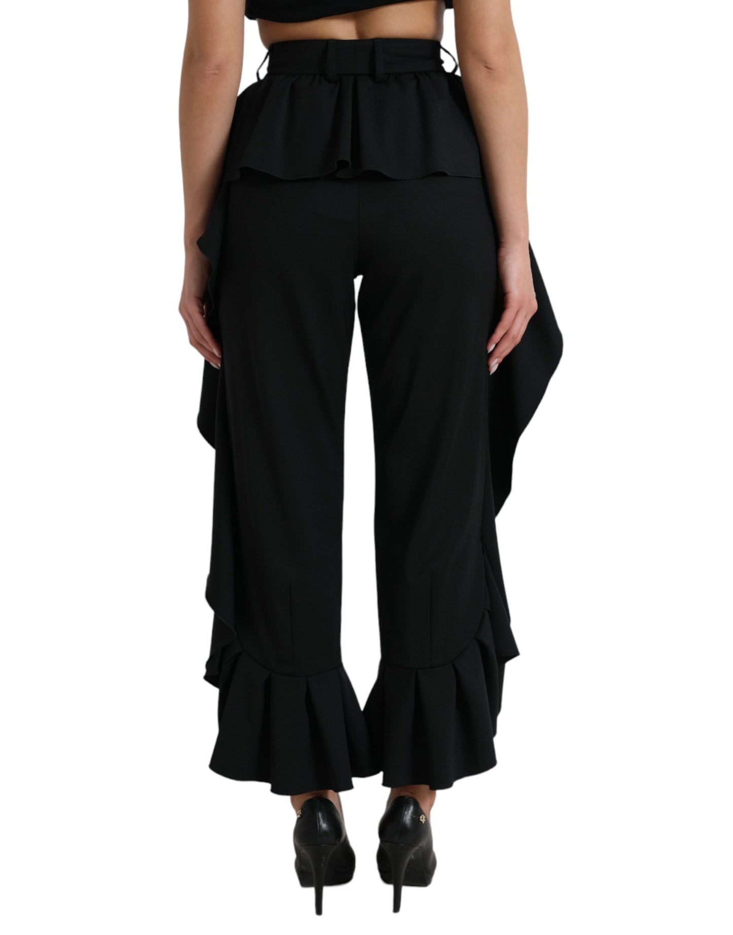 Dolce & Gabbana Black Wool Ruffle High Waist Wide Leg Pants