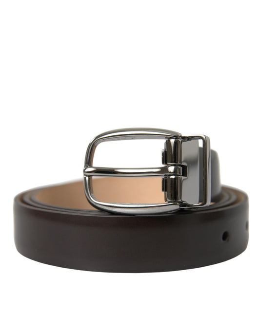 Dolce & Gabbana Dark Brown Leather Silver Metal Buckle Belt