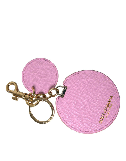 Dolce & Gabbana Pink Calf Leather Gold Metal Logo Print Keyring Keychain