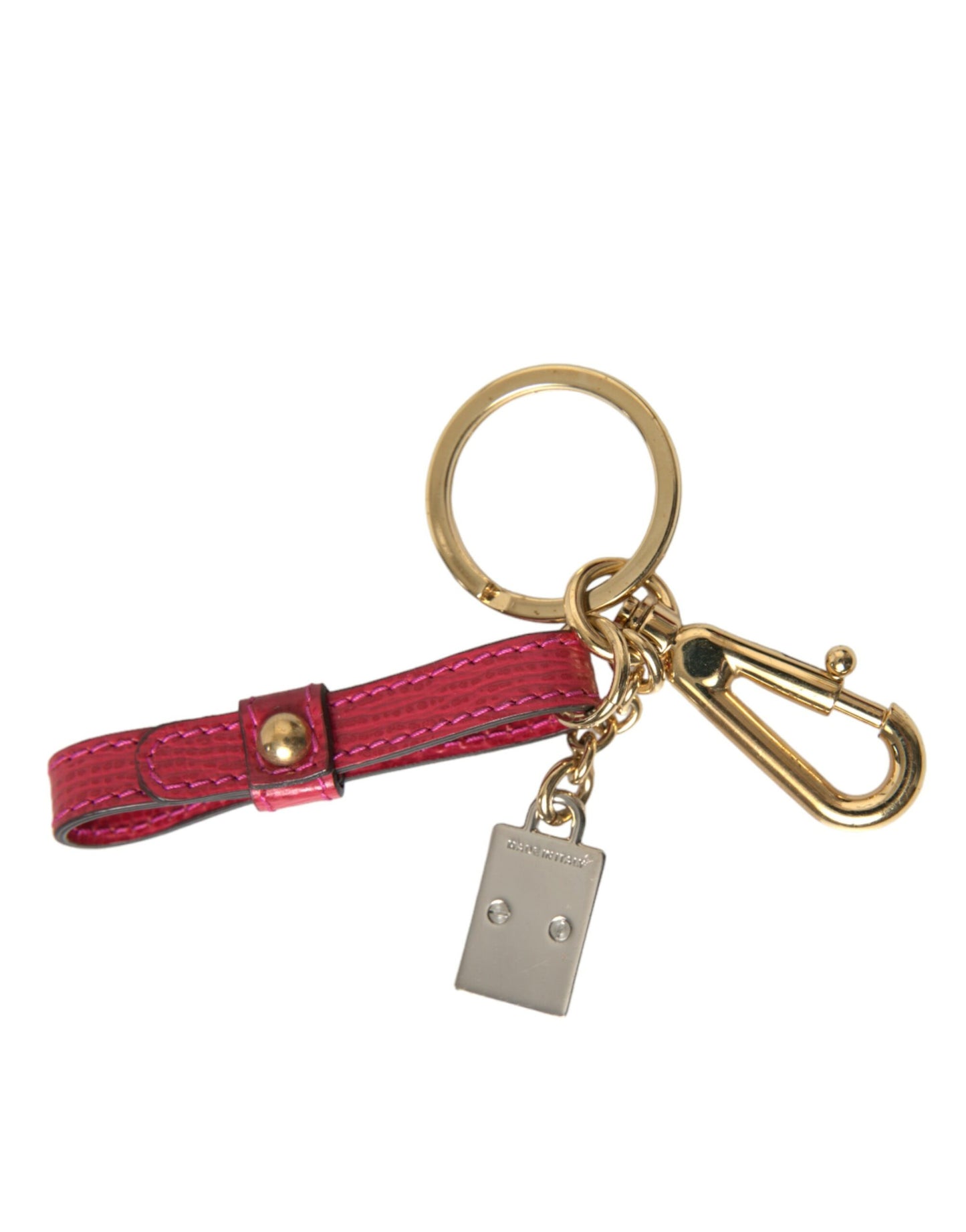 Dolce & Gabbana Red Calf Leather Gold Metal Logo Plaque Keyring Keychain