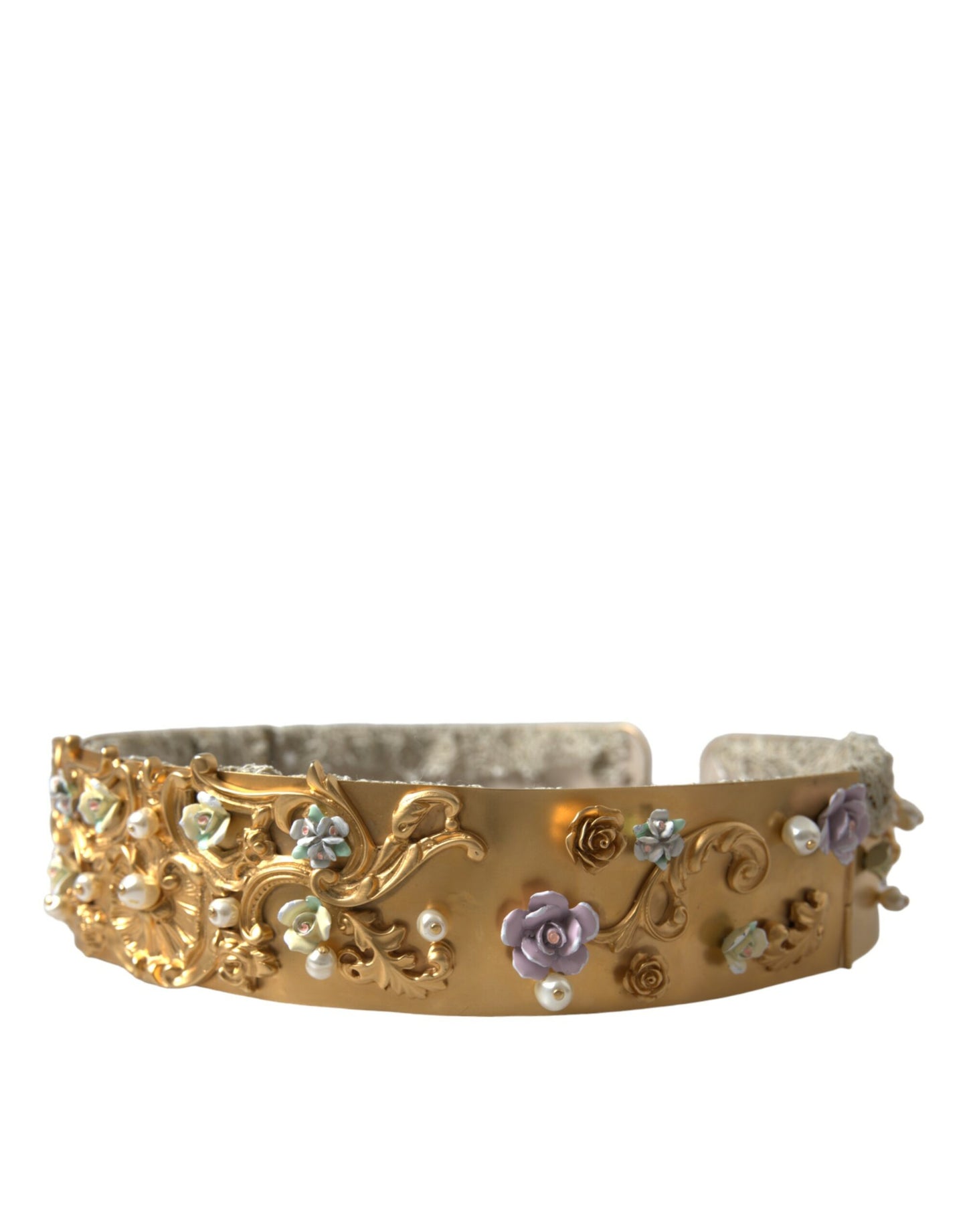 Dolce & Gabbana Gold Brass Faux Pearl Floral Embellished Belt