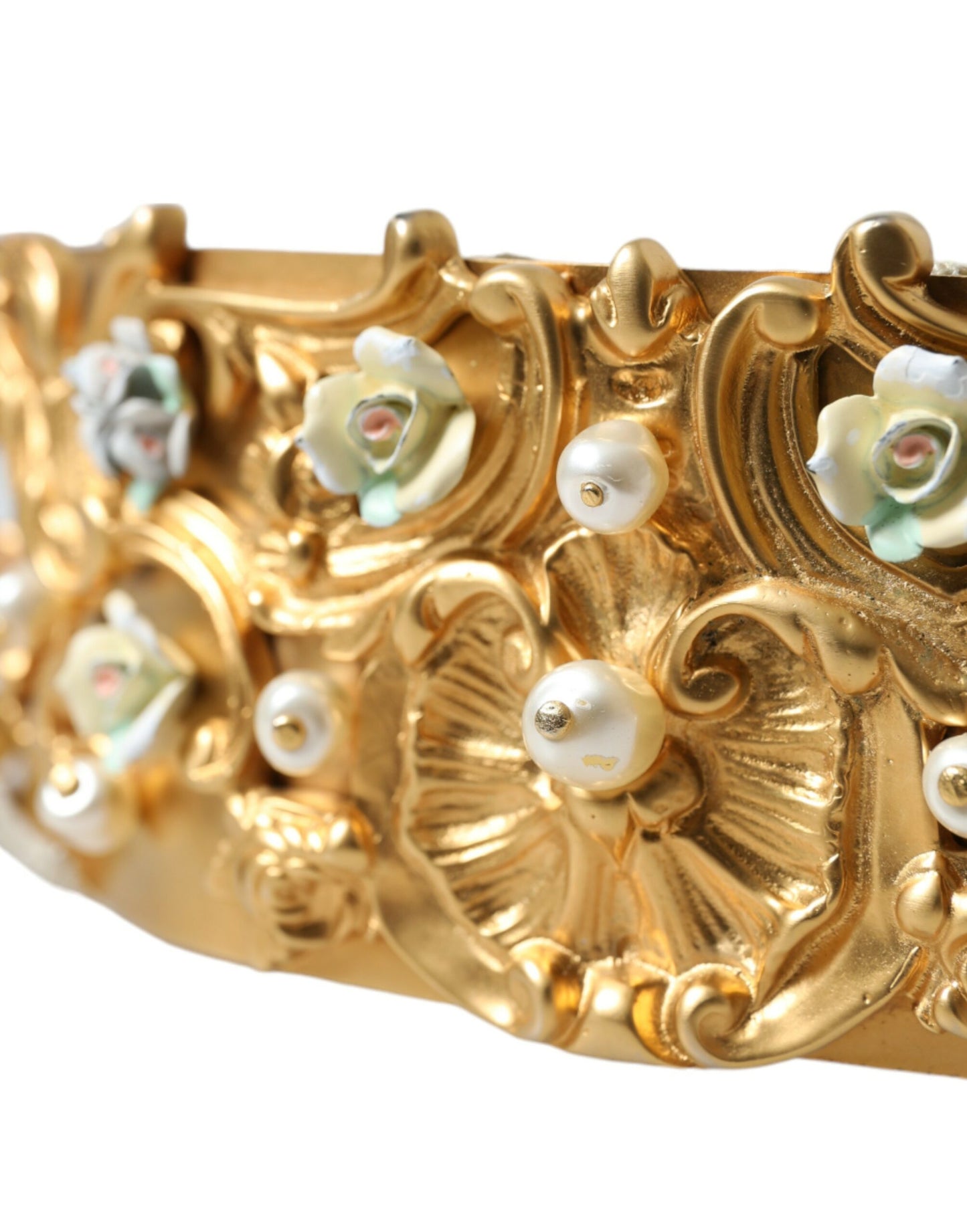 Dolce & Gabbana Gold Brass Faux Pearl Floral Embellished Belt