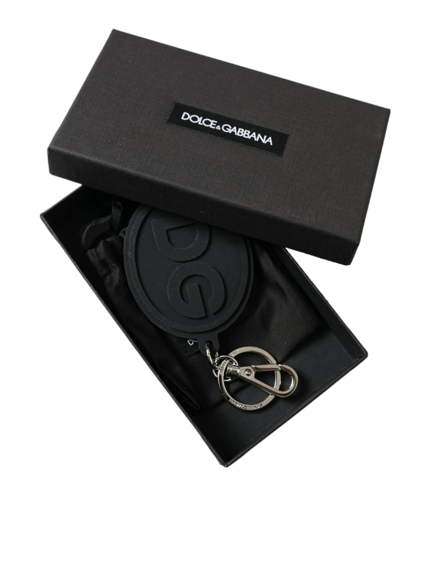 Dolce & Gabbana Black Rubber DG Logo Silver Brass Metal Keyring Keychain