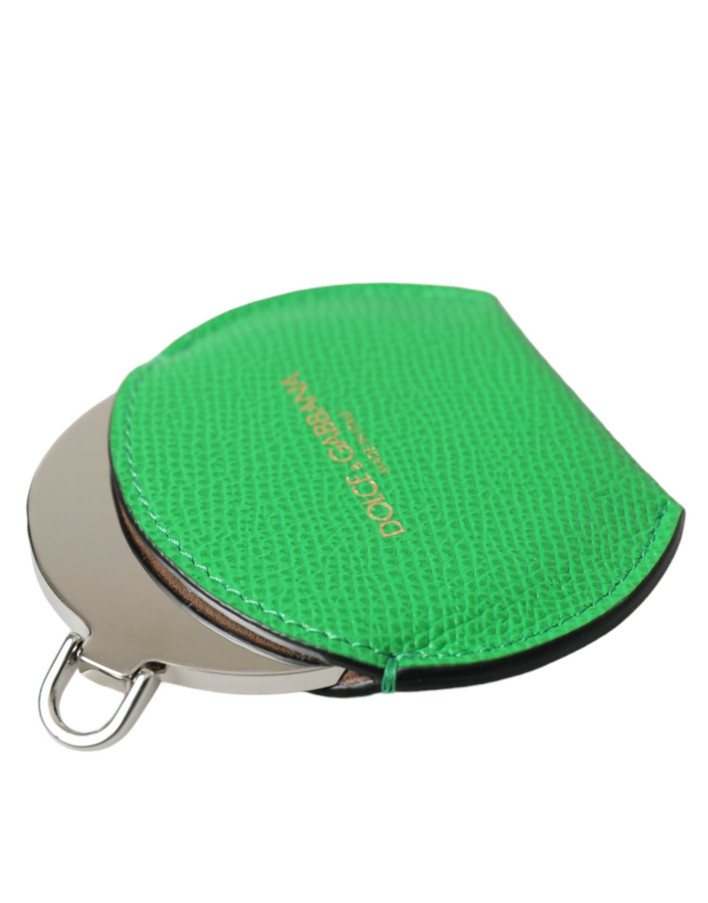 Dolce & Gabbana Green Calfskin Leather Round Logo Hand Mirror Holder