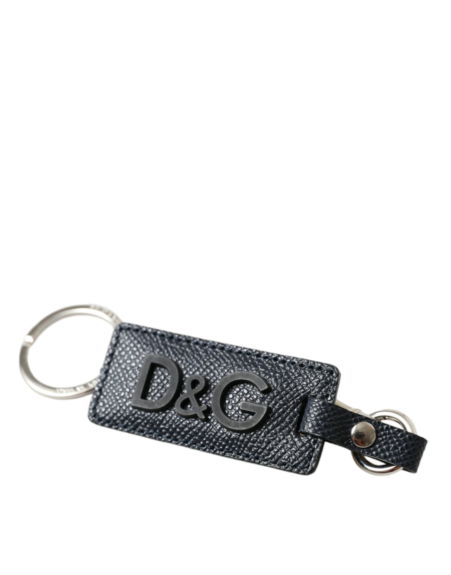 Dolce & Gabbana Black Calf Leather DG Logo Silver Brass Keyring Keychain