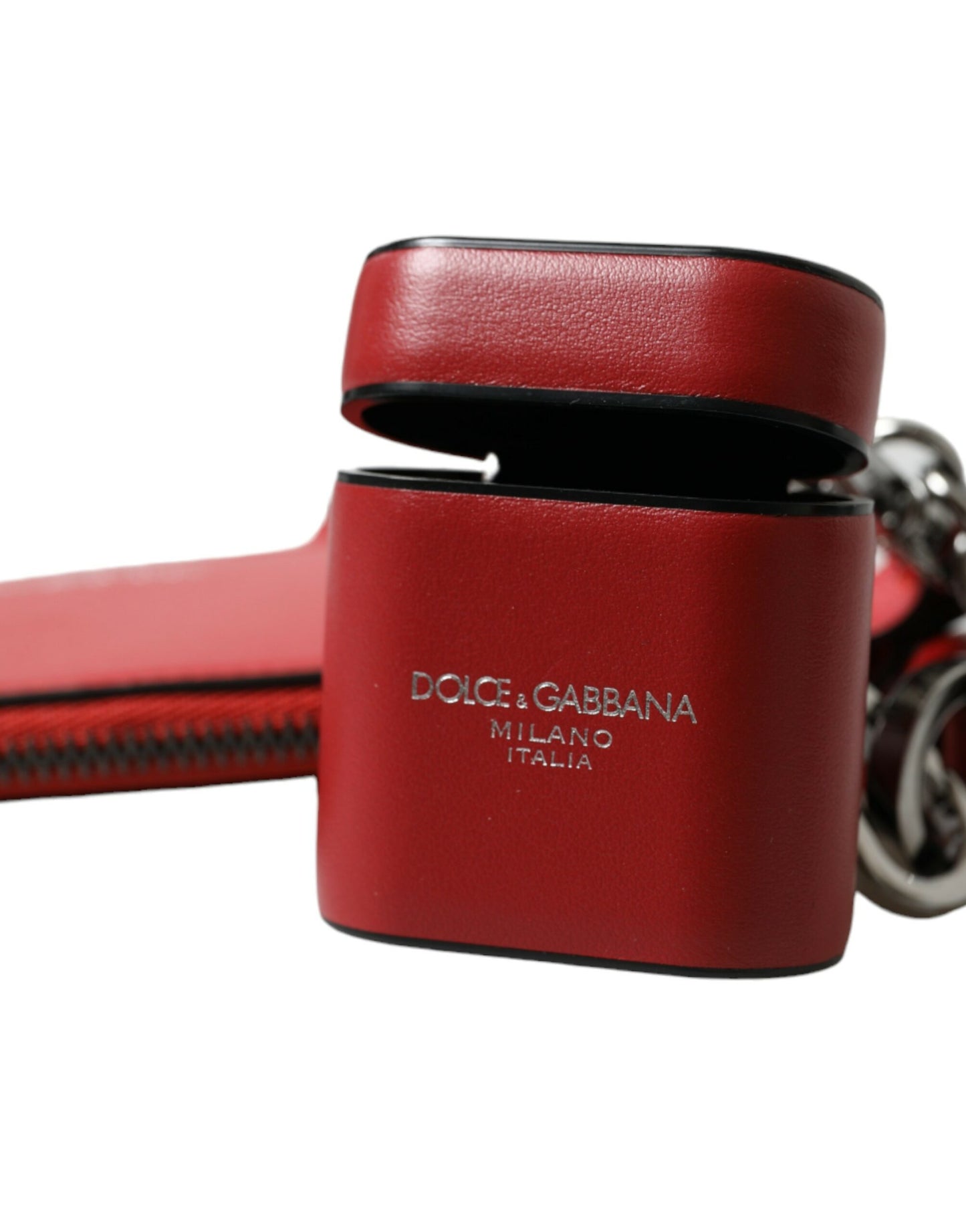 Dolce & Gabbana Red Leather Silver Metal Logo Strap Pouch Airpods Case