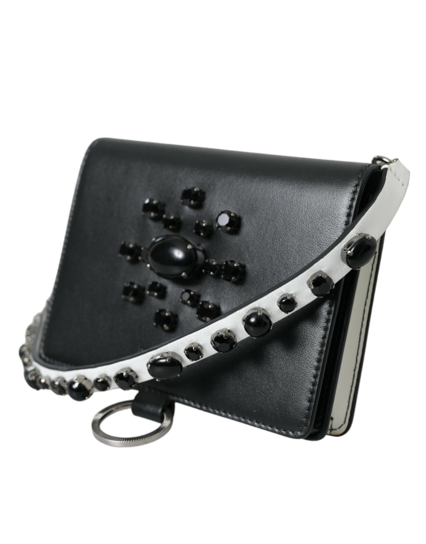 Dolce & Gabbana Black White Leather Crystal Embellished Cardholder Wallet