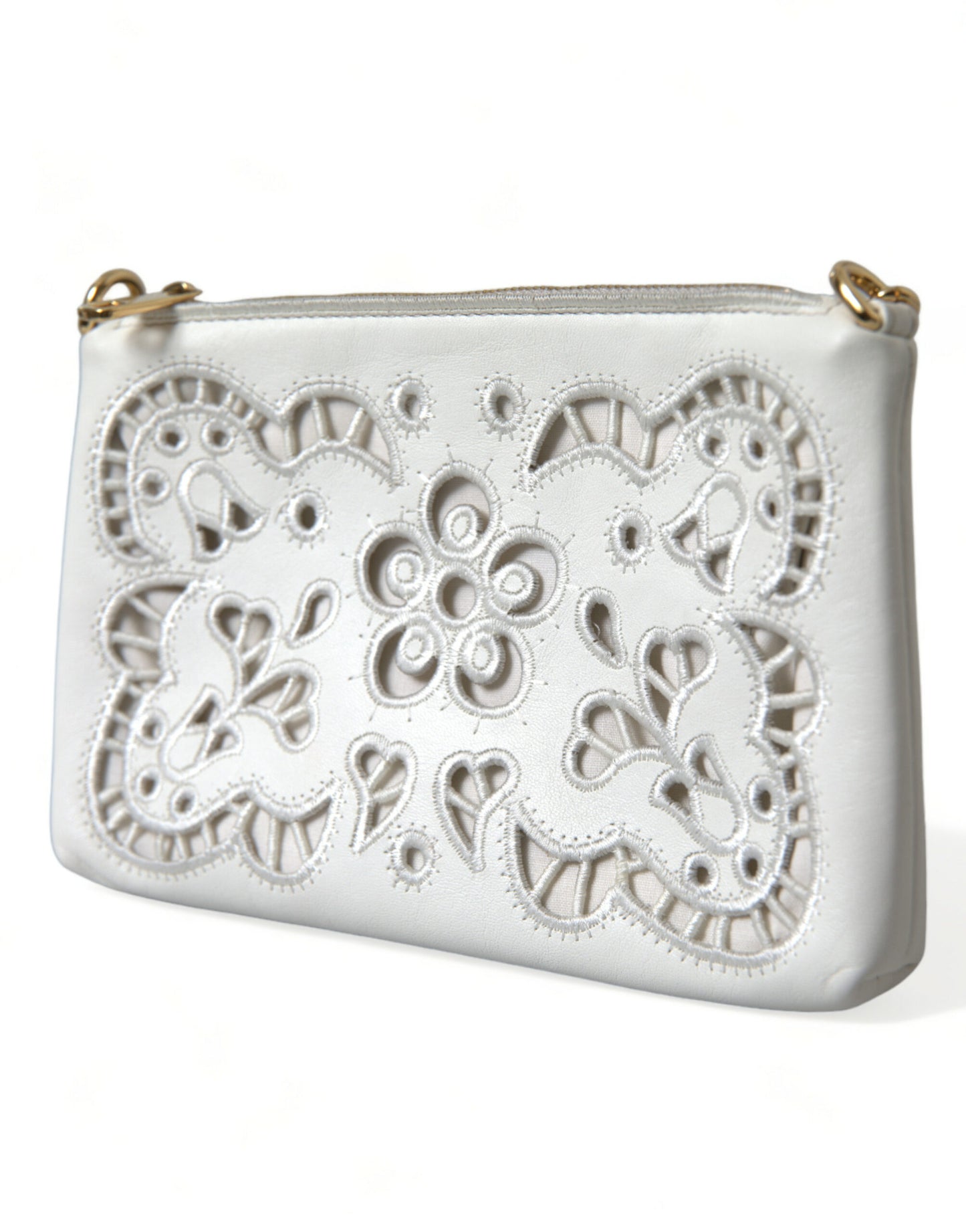 Dolce & Gabbana White Floral Embroidered Leather Chain Clutch Bag