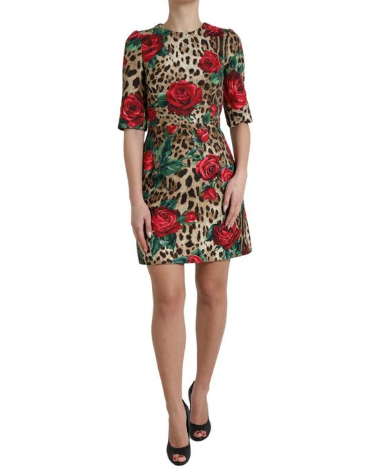 Dolce & Gabbana Brown Leopard Red Roses Cotton A-line Dress