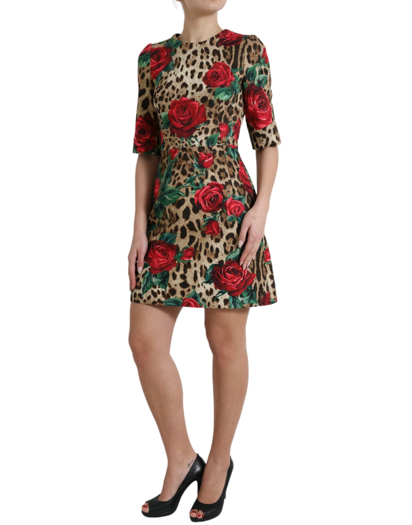 Dolce & Gabbana Brown Leopard Red Roses Cotton A-line Dress