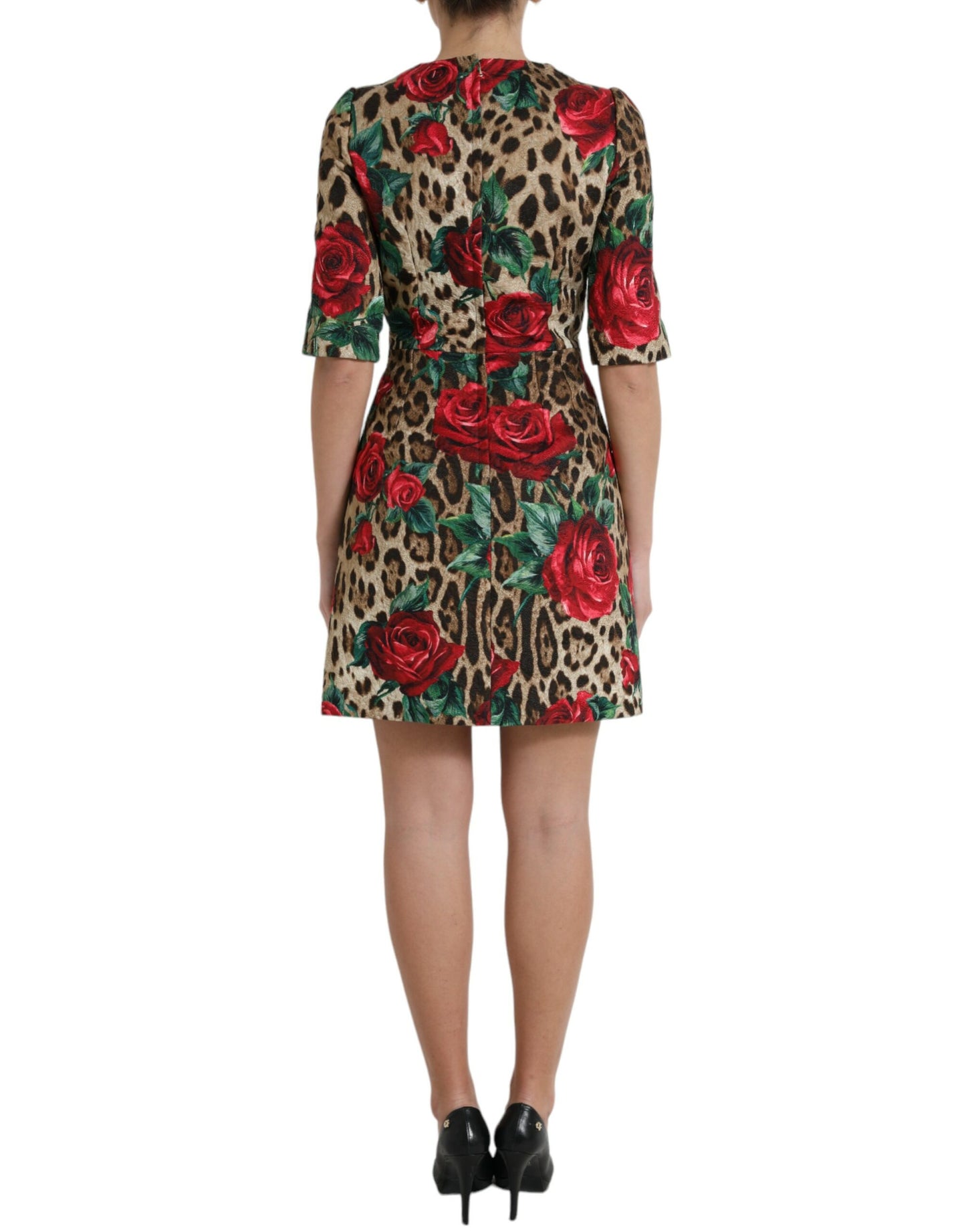 Dolce & Gabbana Brown Leopard Red Roses Cotton A-line Dress