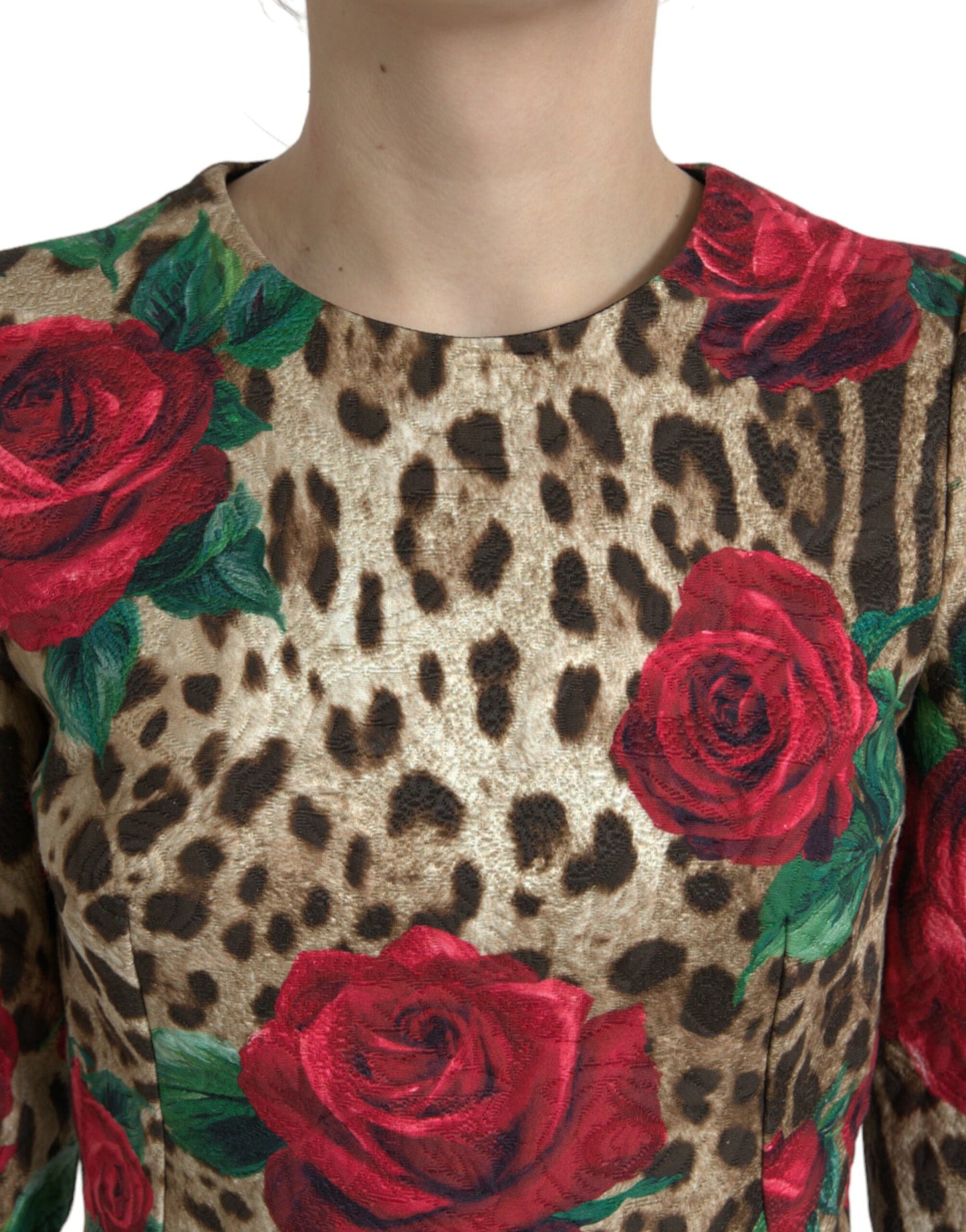 Dolce & Gabbana Brown Leopard Red Roses Cotton A-line Dress