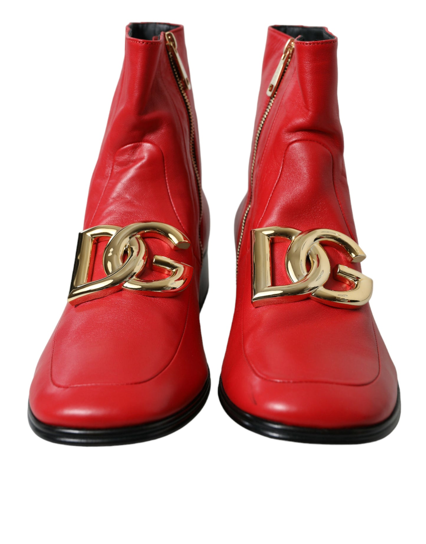 Dolce & Gabbana Red DG Buckle Leather Mid Calf Boots Shoes