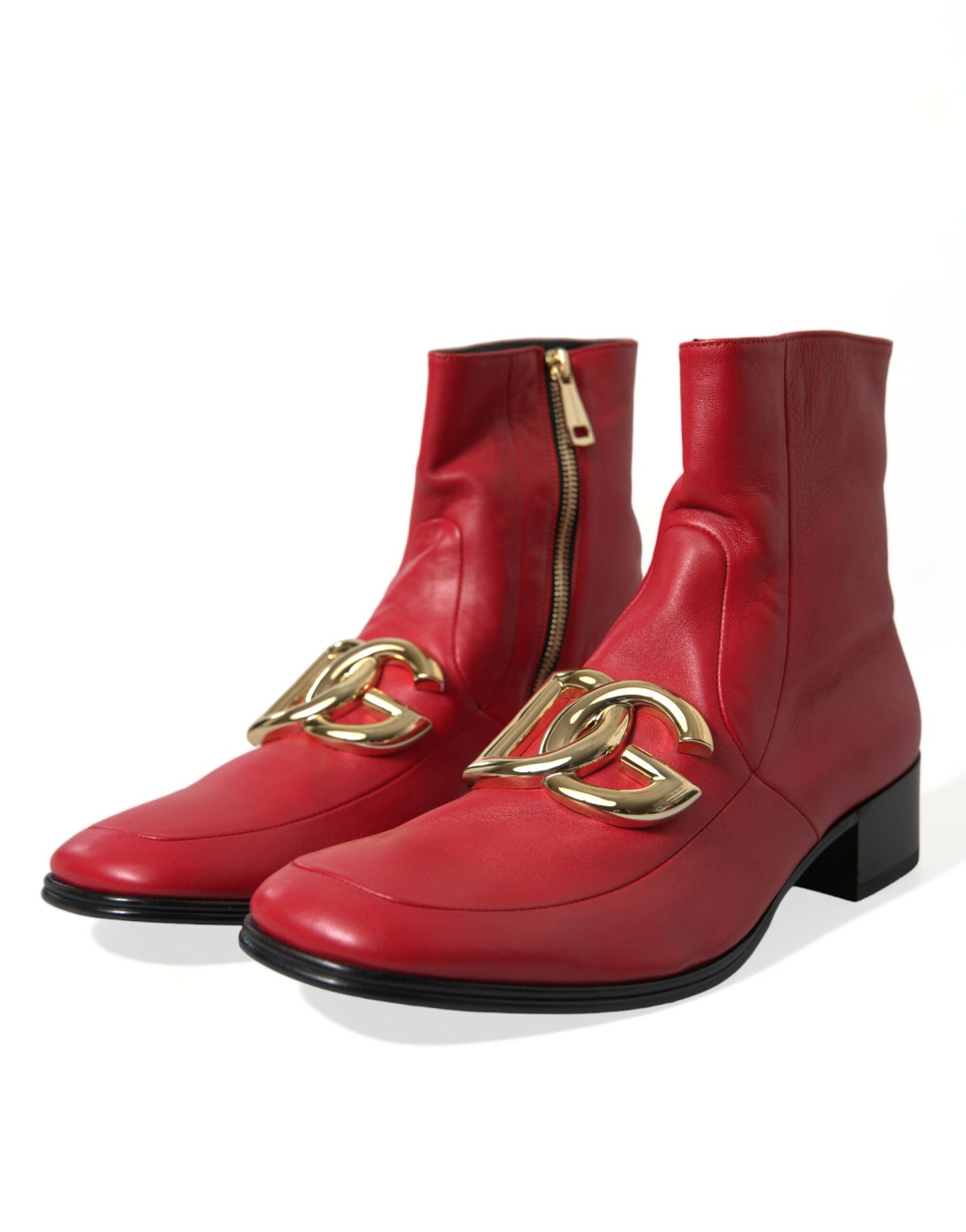 Dolce & Gabbana Red DG Buckle Leather Mid Calf Boots Shoes