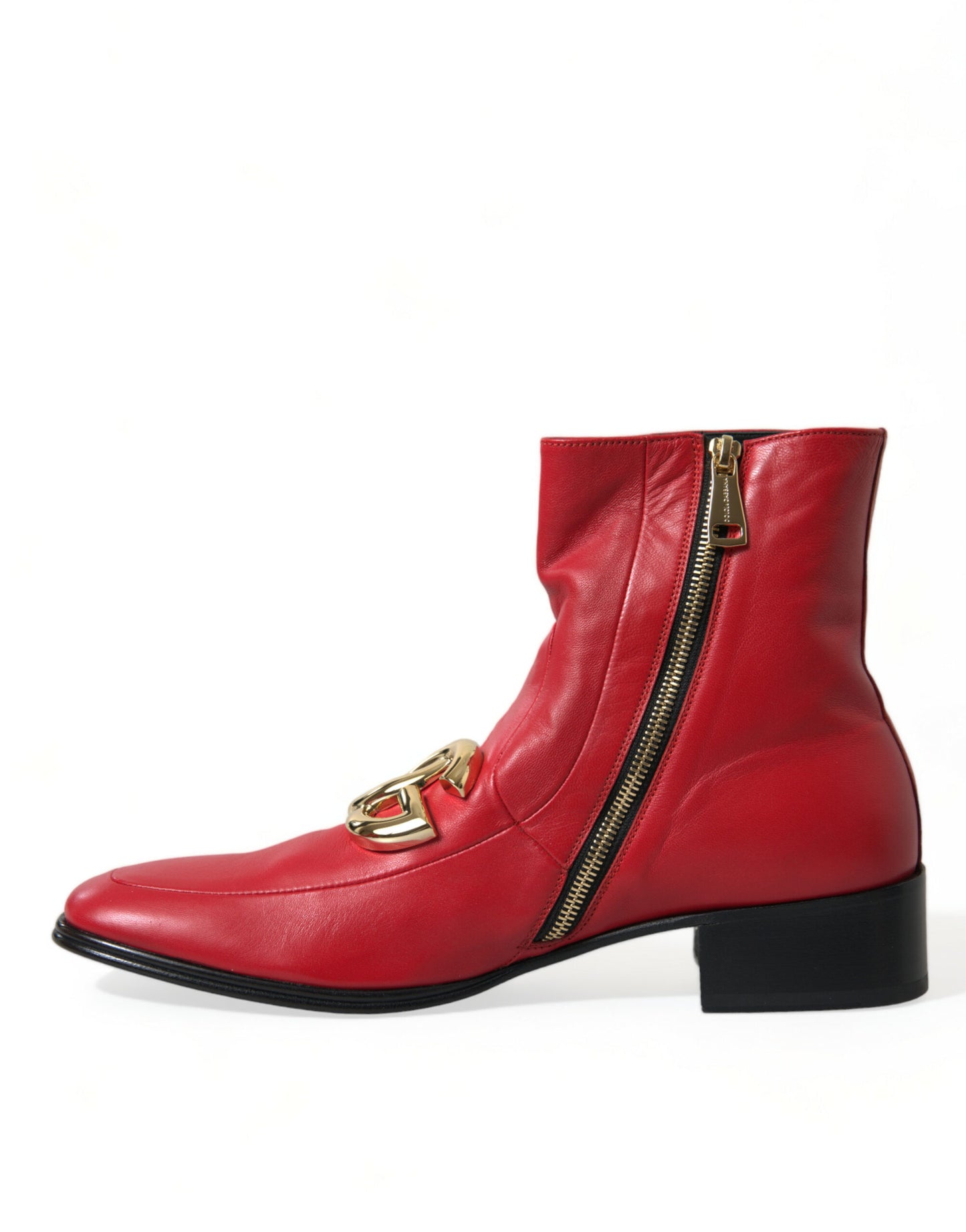 Dolce & Gabbana Red DG Buckle Leather Mid Calf Boots Shoes