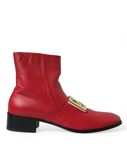 Dolce & Gabbana Red DG Buckle Leather Mid Calf Boots Shoes