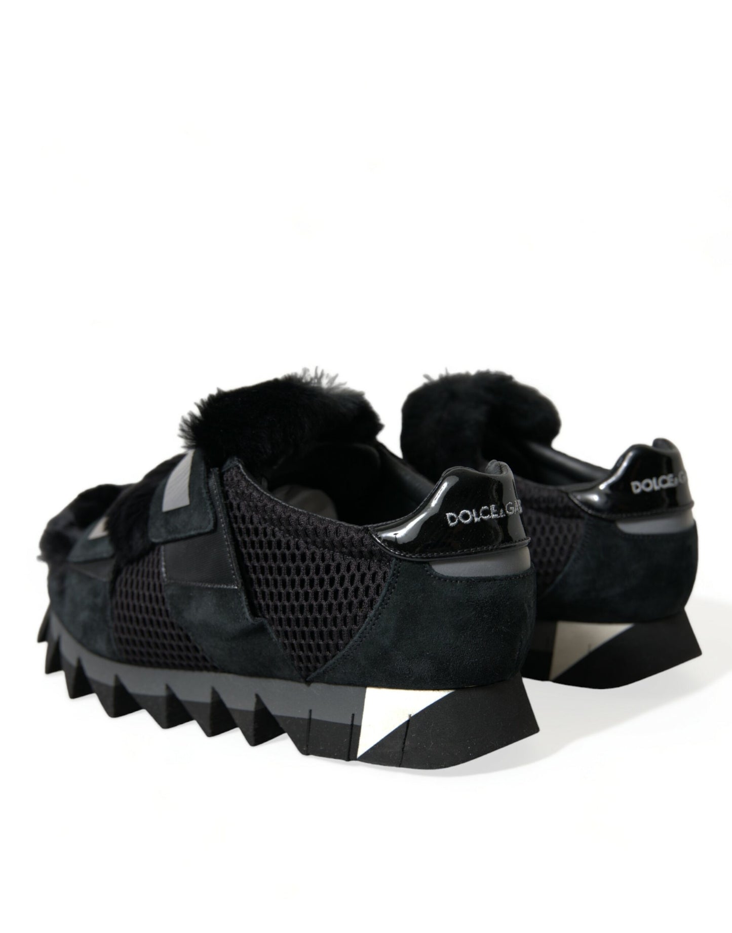 Dolce & Gabbana Black Fur Embellished Suede Sneakers Shoes