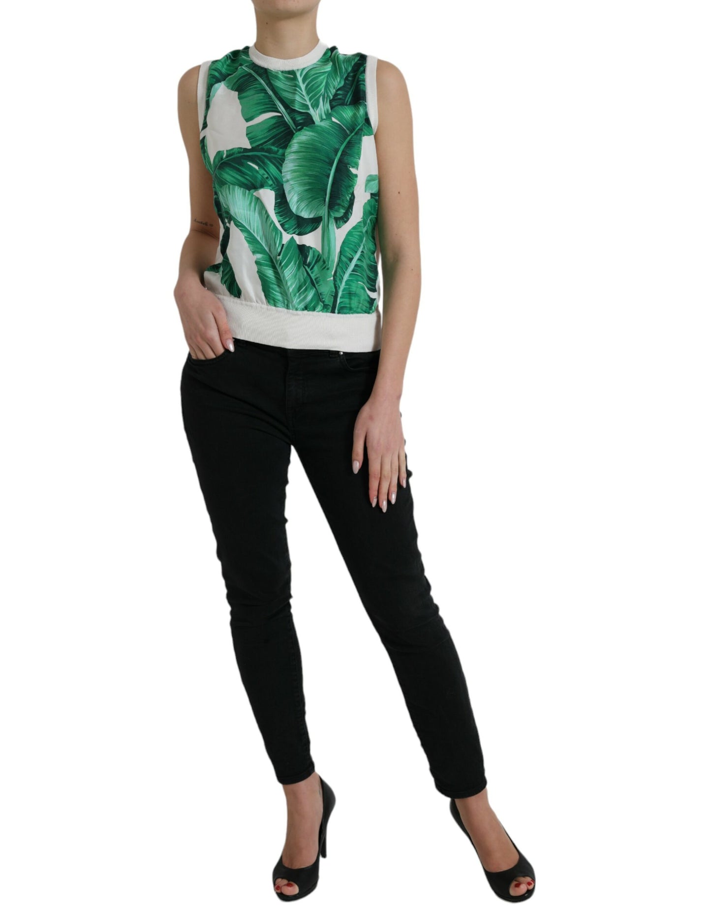 Dolce & Gabbana White Banana Leaf Print Crew Neck Tank Top