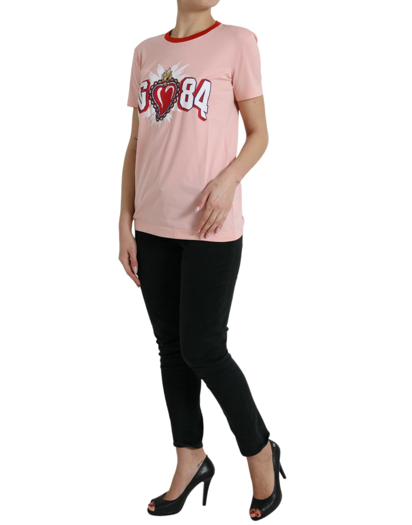 Dolce & Gabbana Pink Sacred Heart Cotton Crew Neck T-shirt