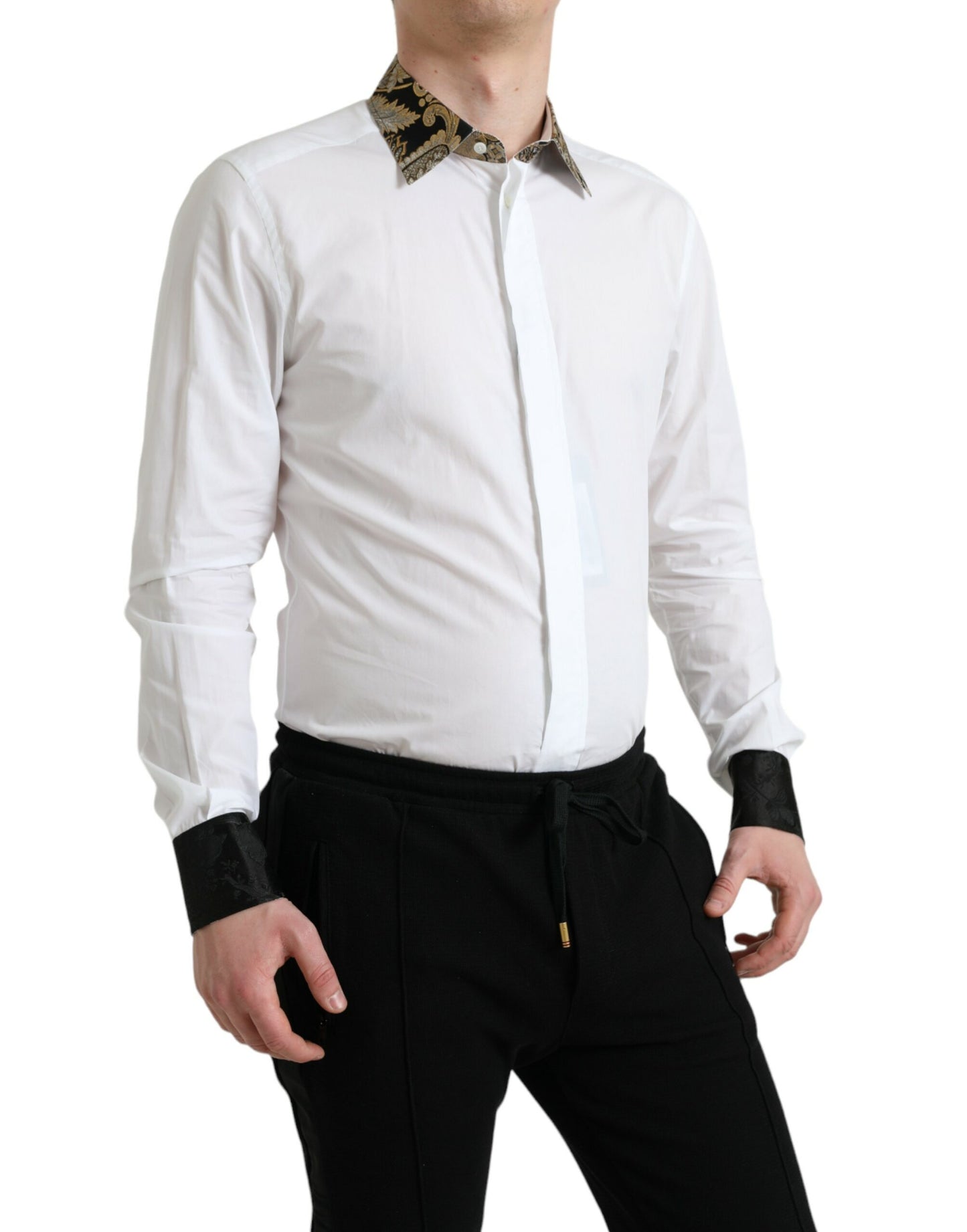 Dolce & Gabbana White Cotton Jacquard Formal GOLD Dress Shirt