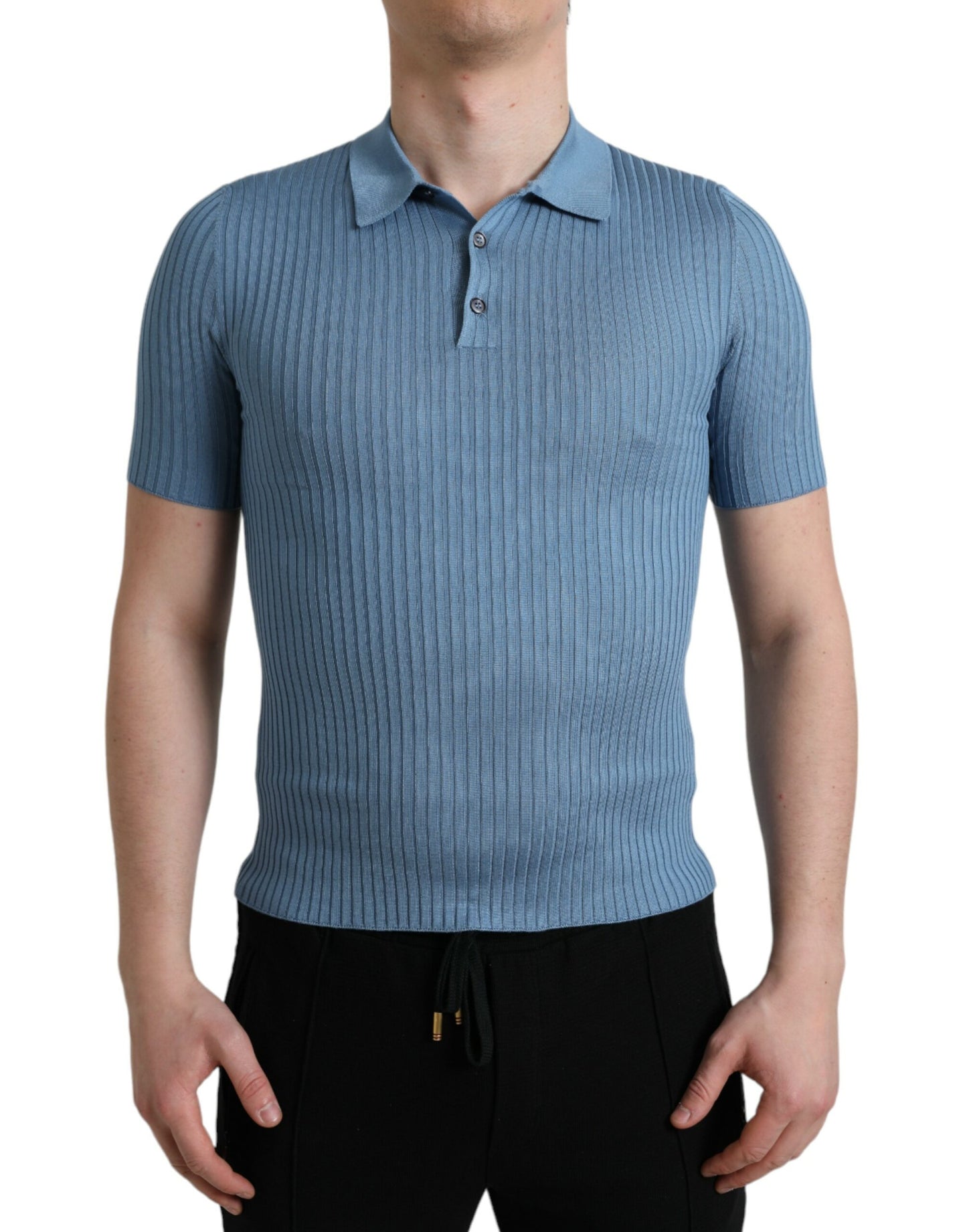 Dolce & Gabbana Sky Blue Henley Silk Short Sleeves T-shirt