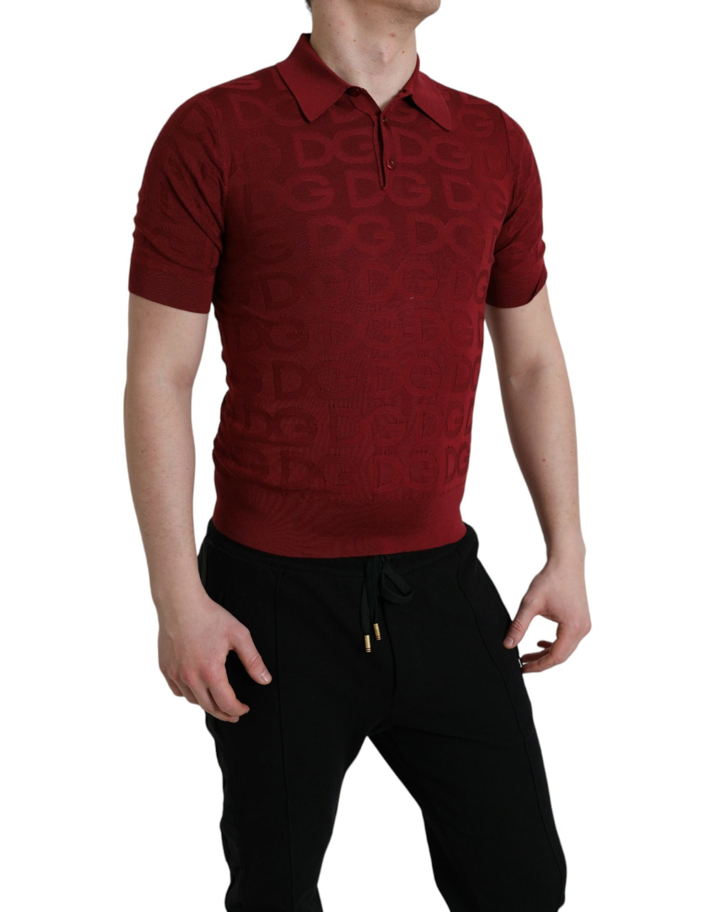 Dolce & Gabbana Maroon Collared Short Sleeve Silk T-shirt