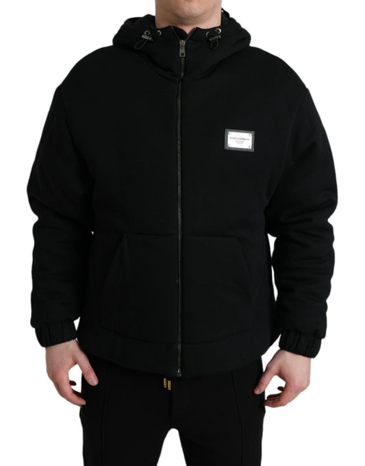 Dolce & Gabbana Black Cotton Hooded Logo Bomber Jacket