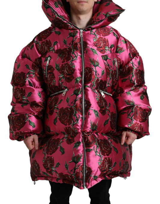 Dolce & Gabbana Pink Roses Pattern Hooded Padded Zip Jacket