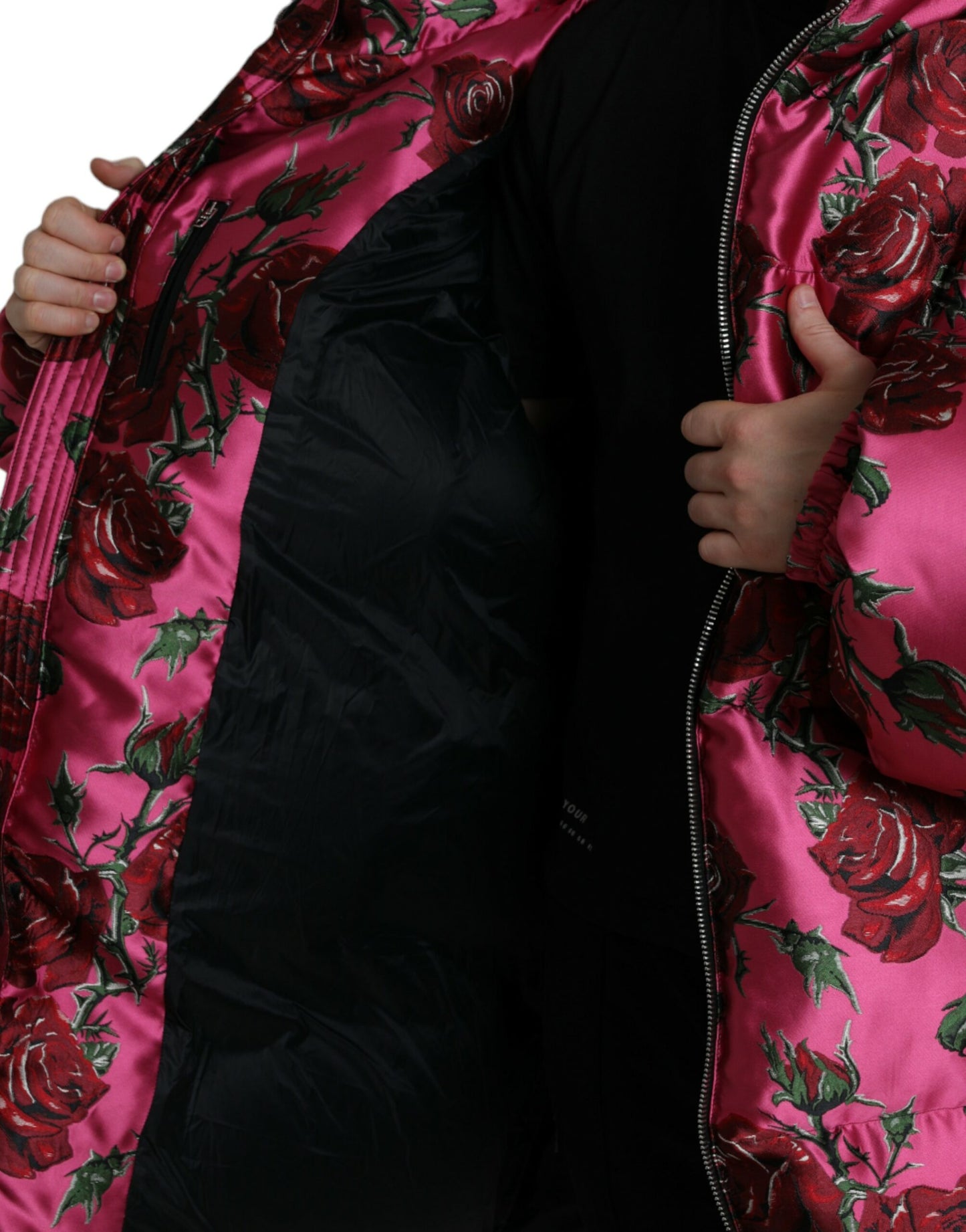 Dolce & Gabbana Pink Roses Pattern Hooded Padded Zip Jacket