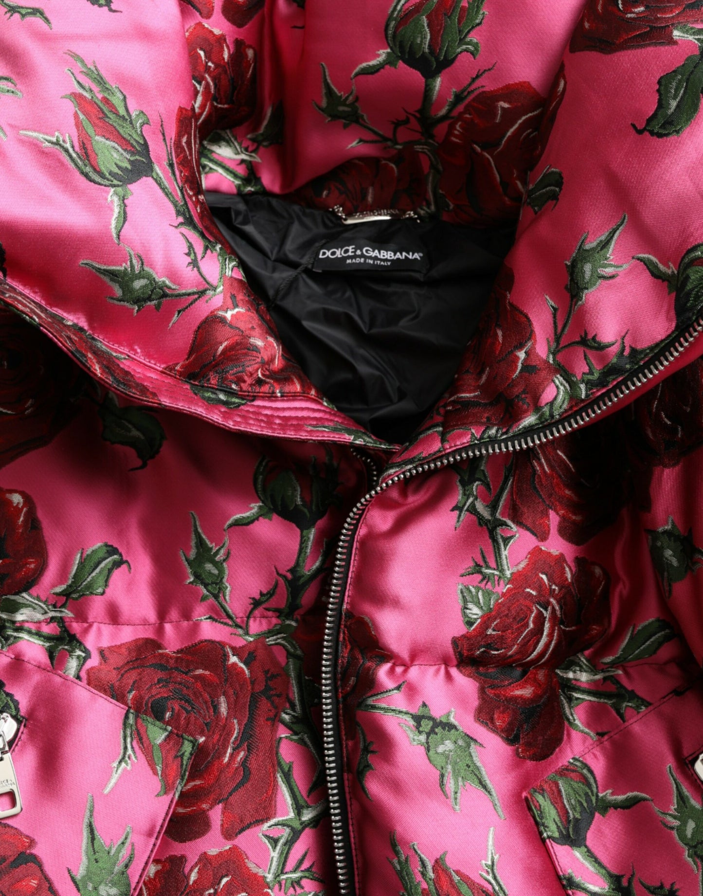 Dolce & Gabbana Pink Roses Pattern Hooded Padded Zip Jacket