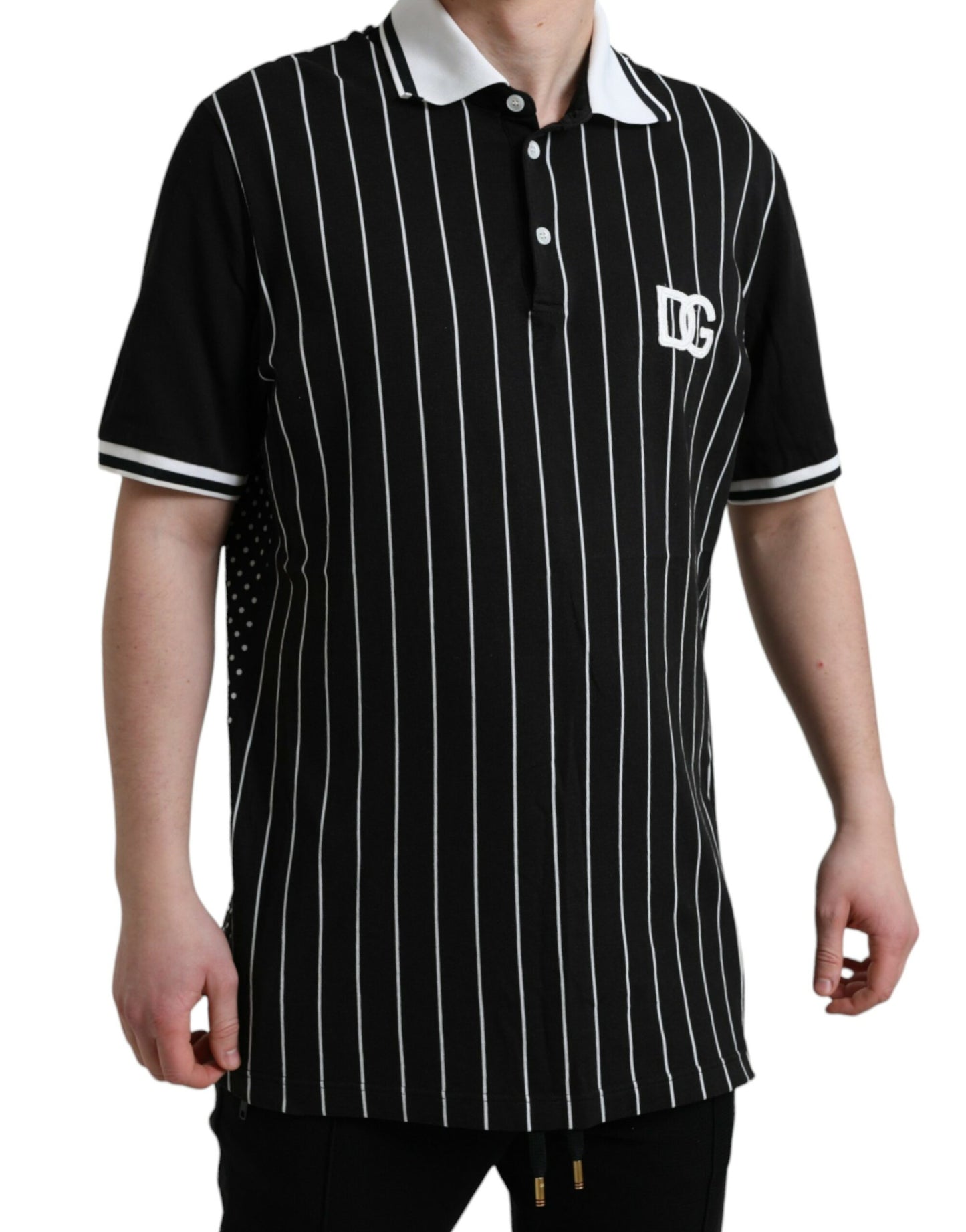 Dolce & Gabbana Black White Stripes Logo Collared Polo T-shirt