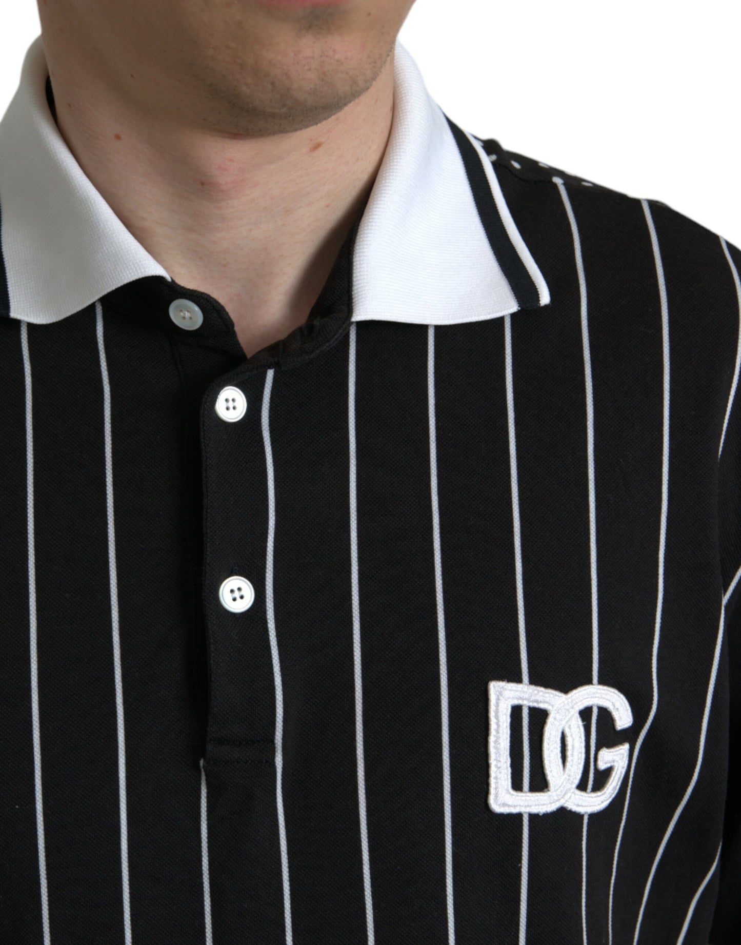 Dolce & Gabbana Black White Stripes Logo Collared Polo T-shirt