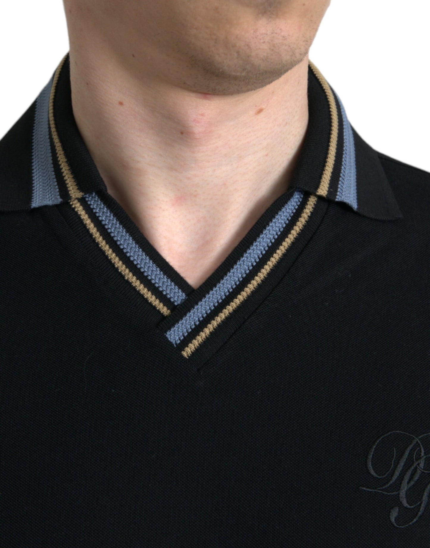 Dolce & Gabbana Black Cotton Collared V-neck Polo T-shirt