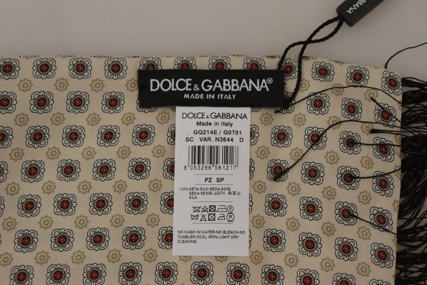 Dolce & Gabbana Cream Silk Retro Pattern Shawl Fringe Scarf