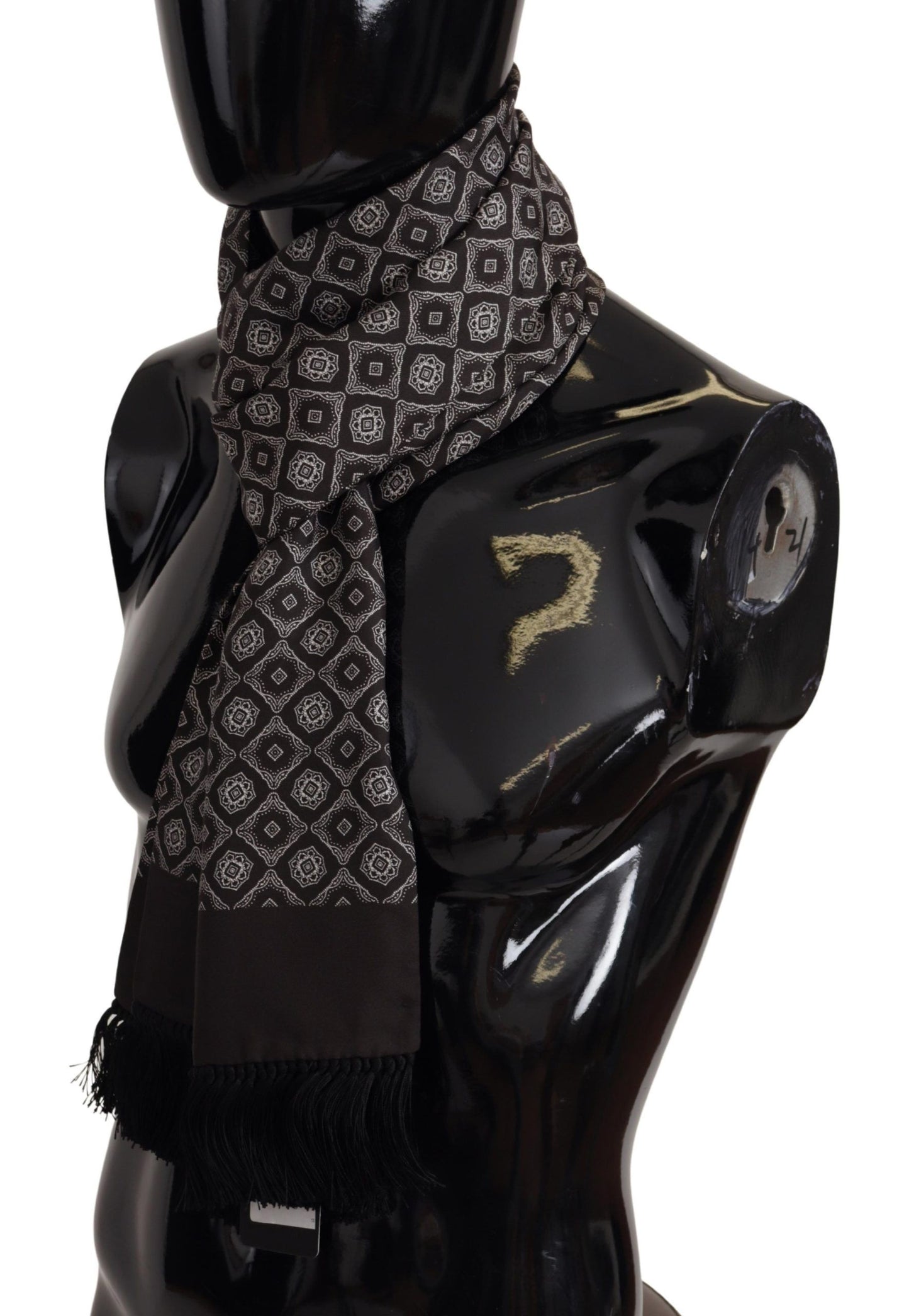 Dolce & Gabbana Black Silk Geometric Logo Print Shawl Fringe Scarf