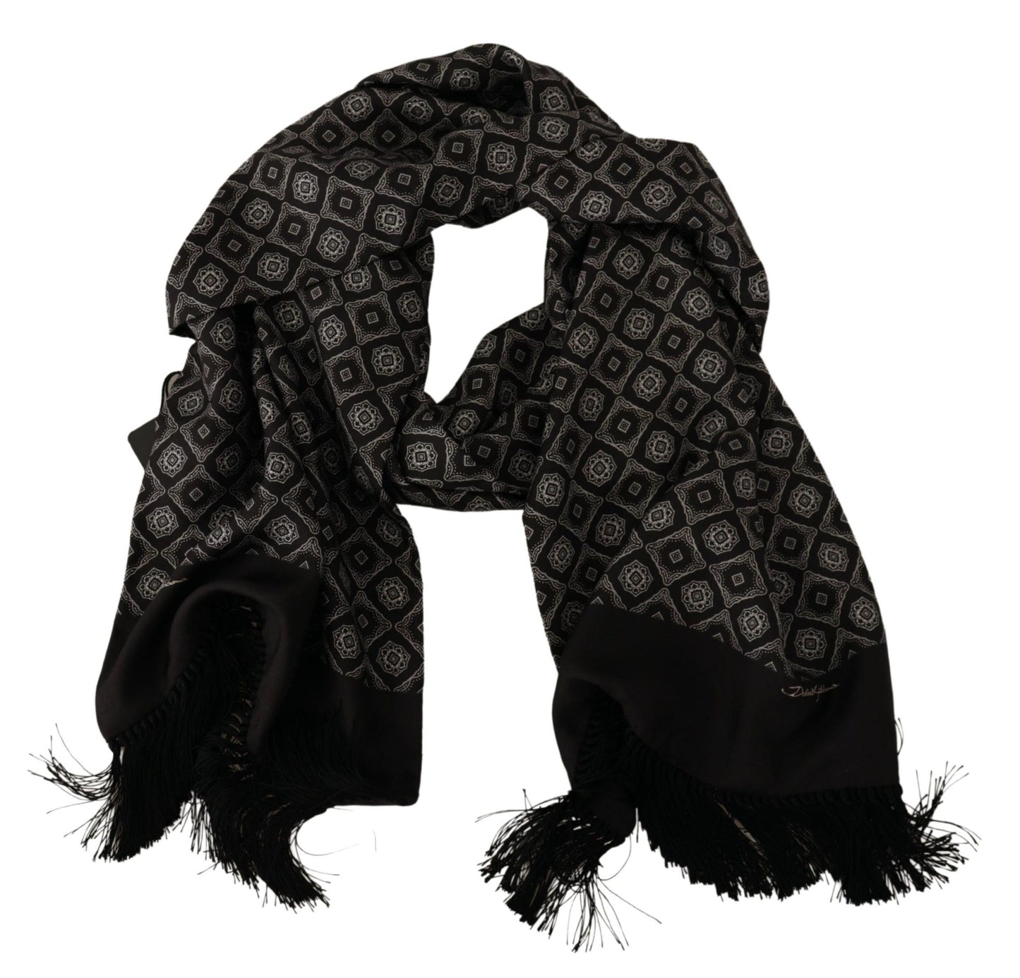 Dolce & Gabbana Black Silk Geometric Logo Print Shawl Fringe Scarf