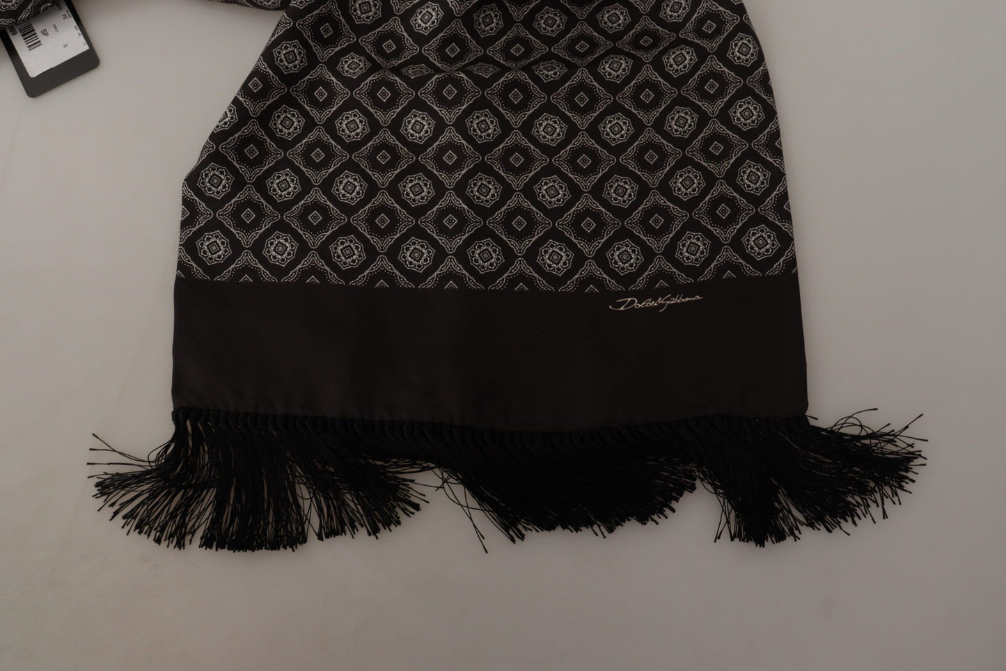 Dolce & Gabbana Black Silk Geometric Logo Print Shawl Fringe Scarf