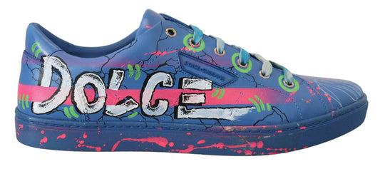 Dolce & Gabbana Handpainted Blue Leather Low Top Sneakers