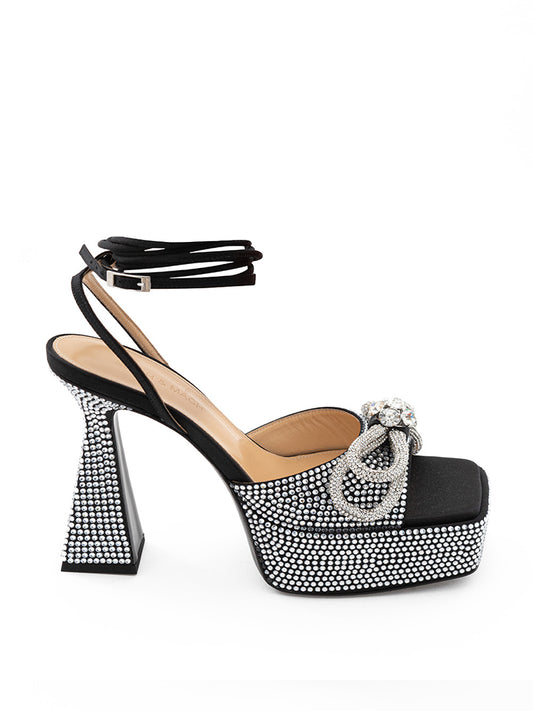 MACH & MACH Crystal Bow Black Leather Sandals