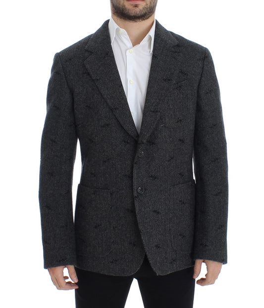 Dolce & Gabbana Embroidered Gray Wool Blend Blazer Jacket